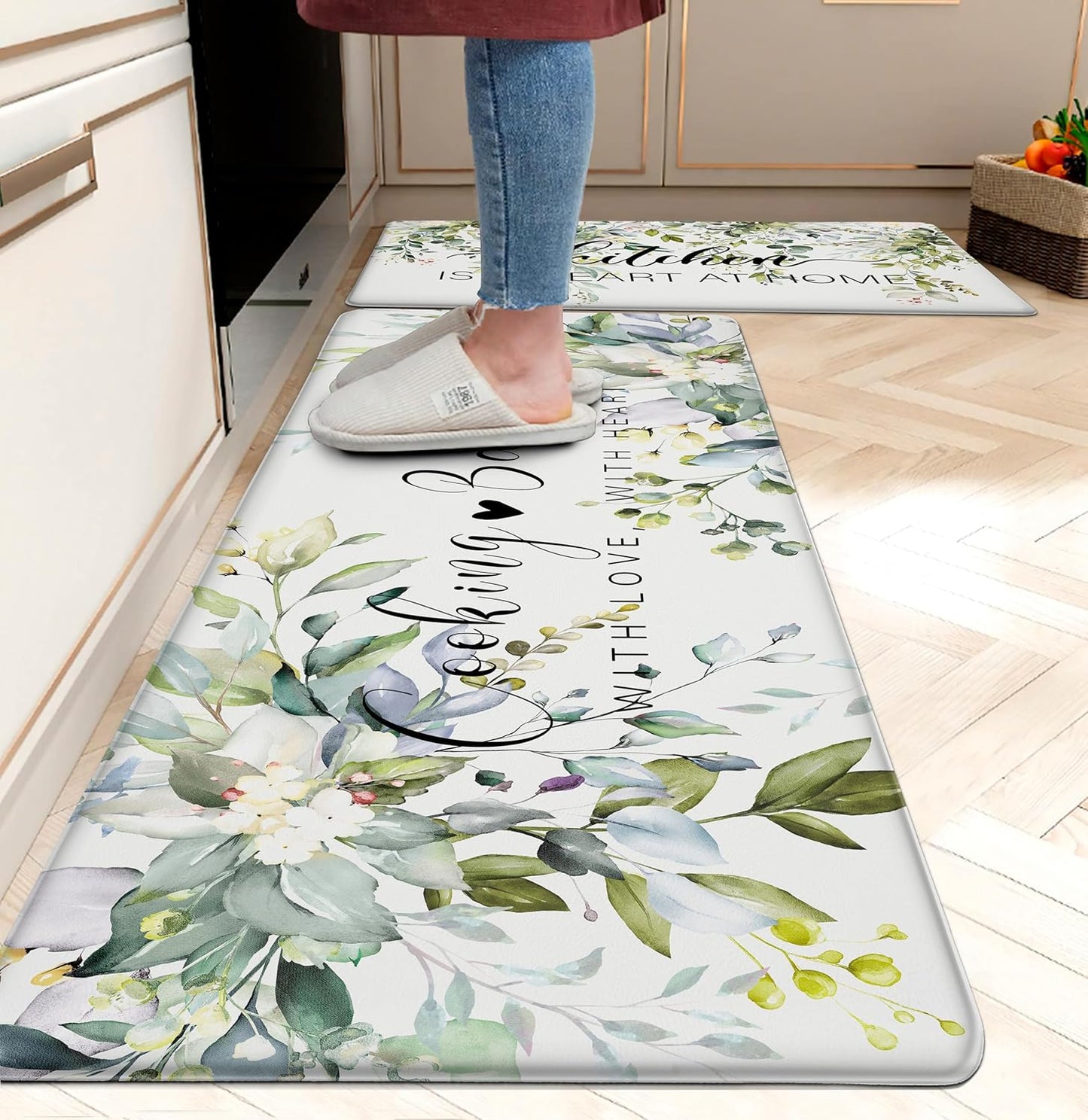 Weesire Green Kitchen Rug Set with Anti Fatigue Memory Foam