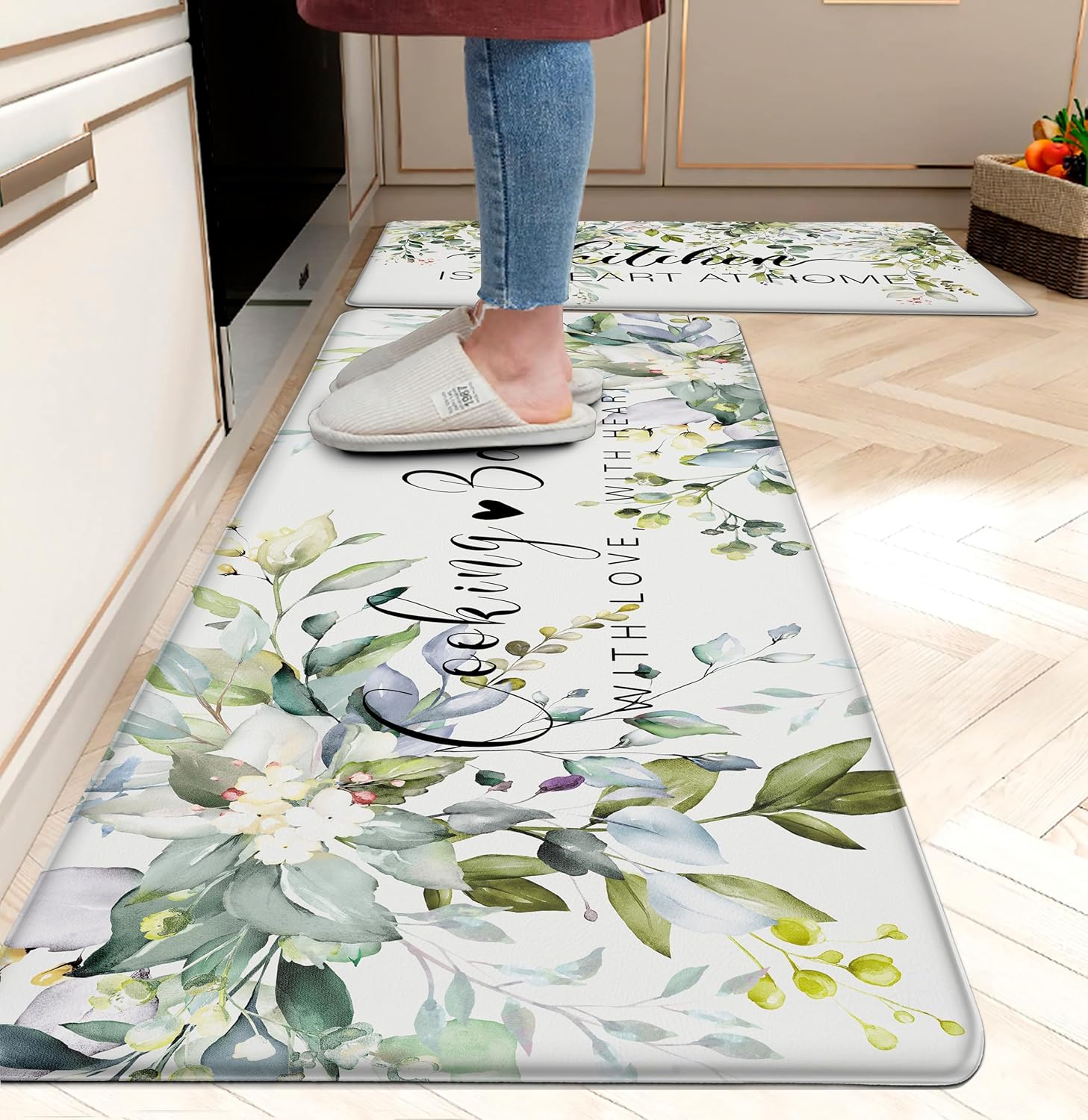 Weesire Green Kitchen Rug Set with Anti Fatigue Memory Foam