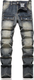 Men's Biker Moto Washed Distressed Slim Fit Straight Jeans - Street on
