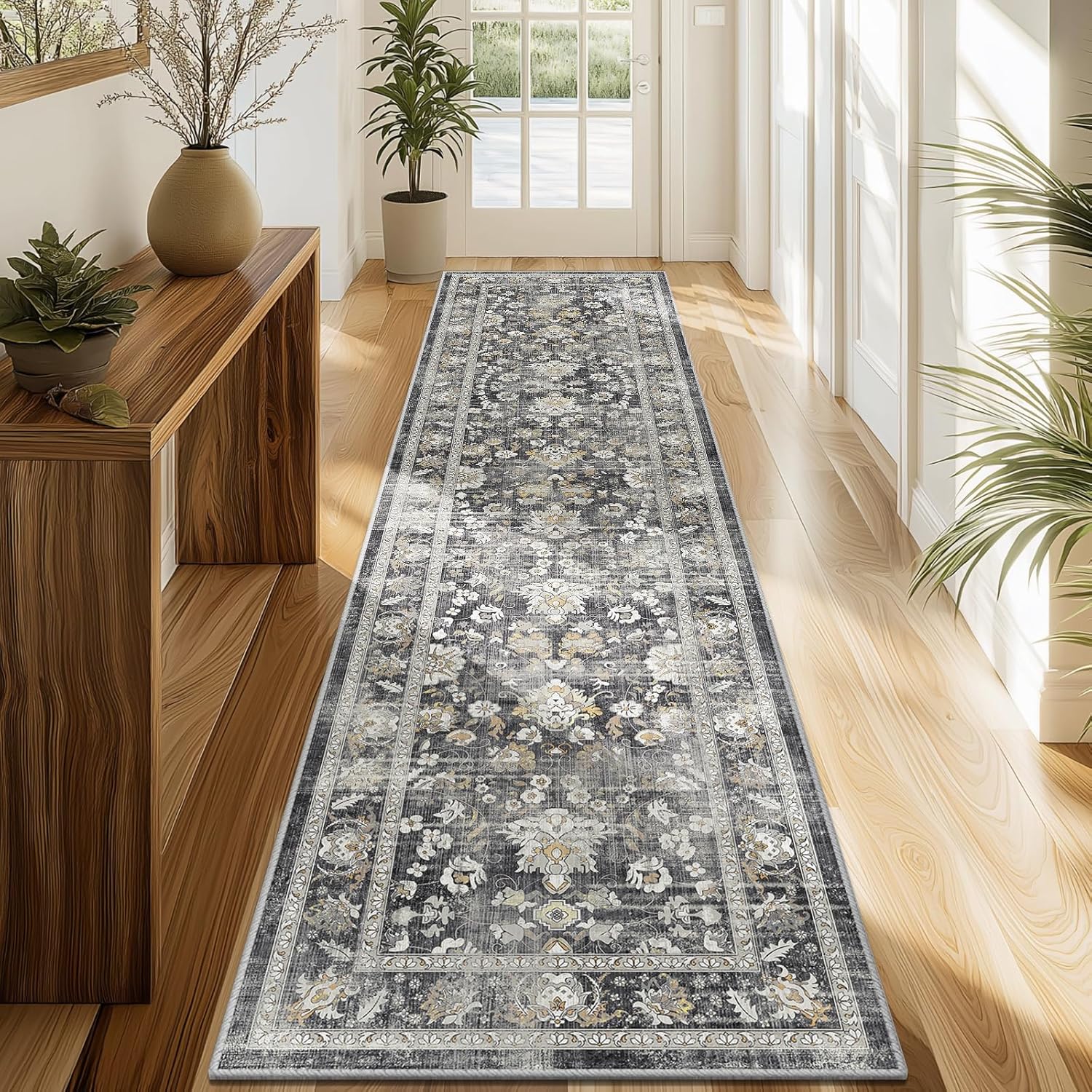 LOKHOM Washable Runner Rug, Vintage Floral Non-Slip Carpet