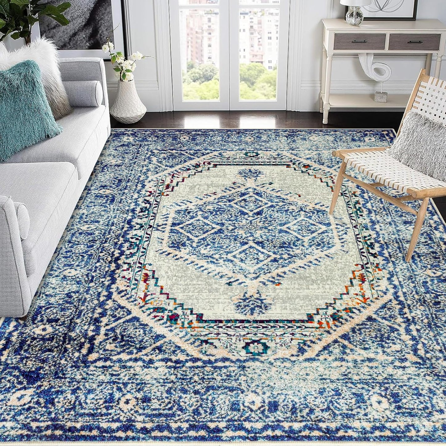 Easy-Going Area Rug 5x7 Washable Boho Vintage Blue Cream