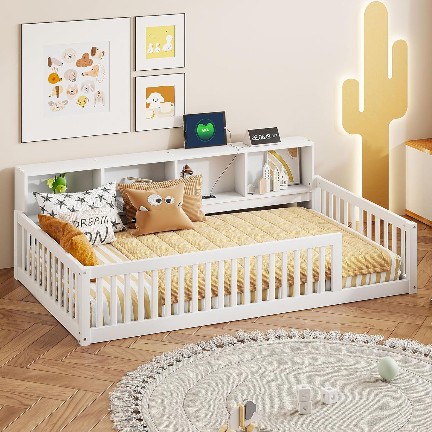 Kids Montessori Floor Bed with Bookcase and Charging Station