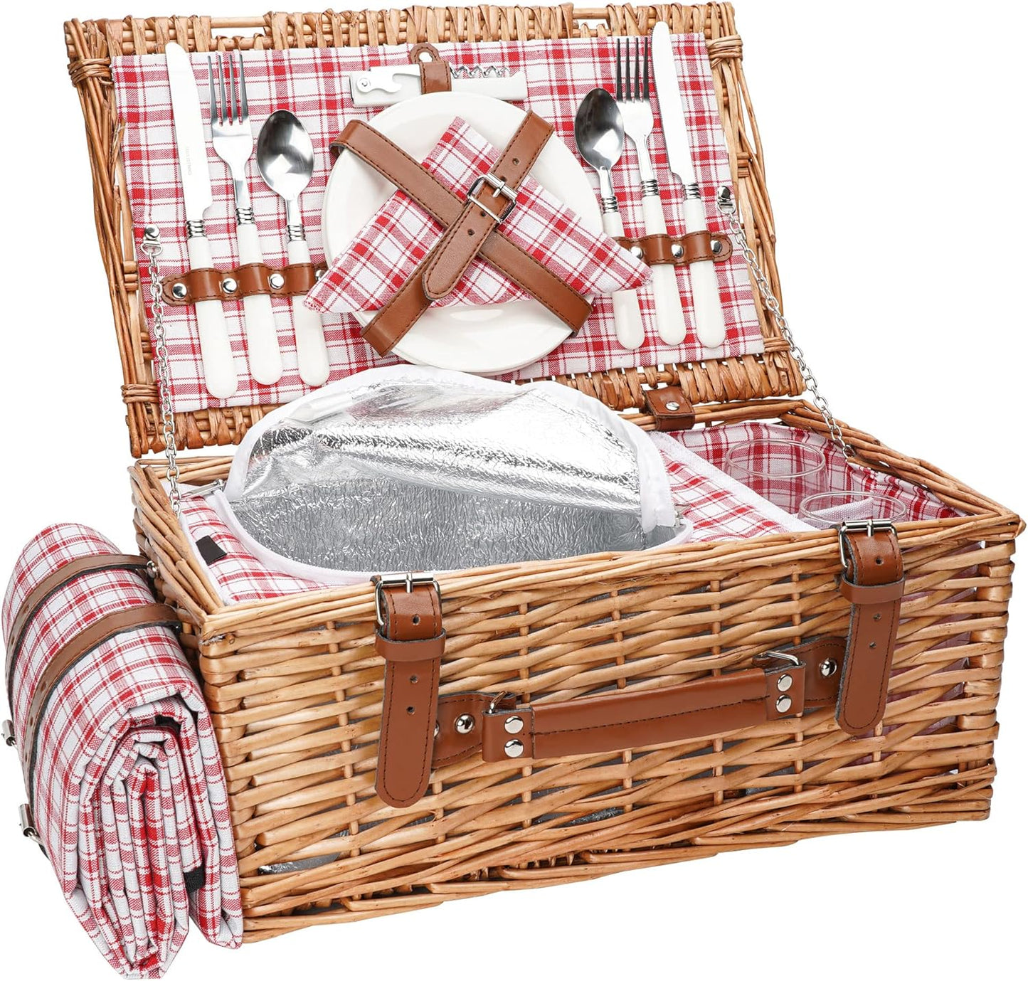 Wicker Picnic Basket Set for 2 with Insulated Cooler & Blanket