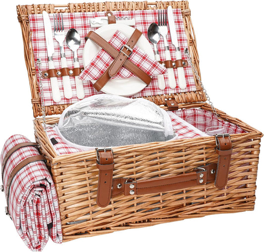 Wicker Picnic Basket Set for 2 with Insulated Cooler & Blanket