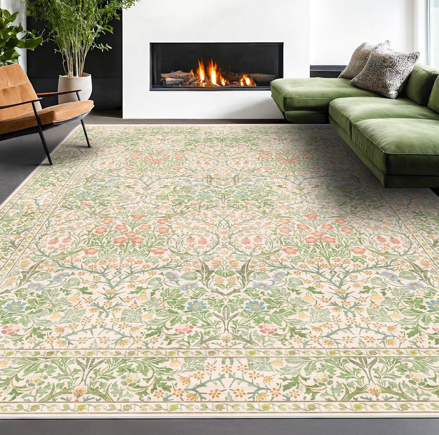 Washable 8x10 Rugs for Living Room, Light Green Oriental Design