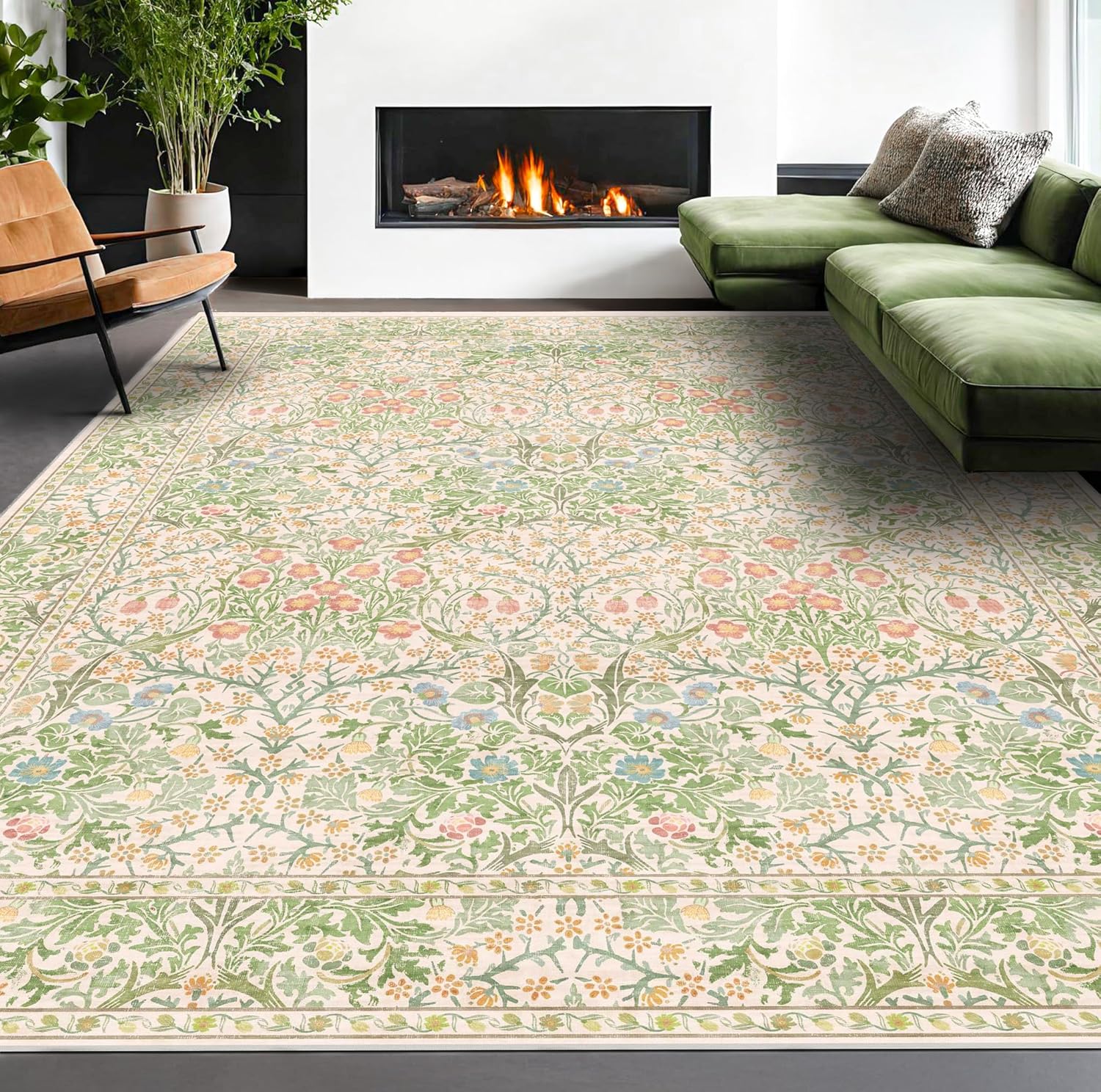 Washable 8x10 Rugs for Living Room, Light Green Oriental Design