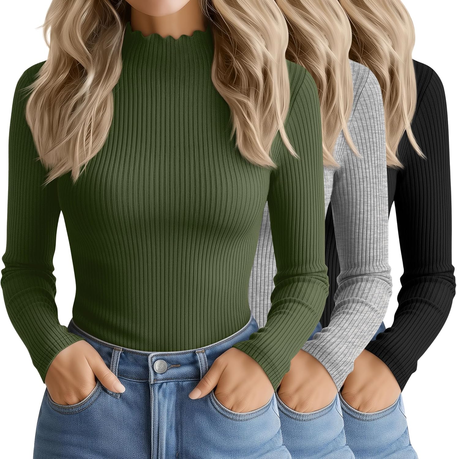 3 Pack Women's Cotton Long Sleeve Mock Turtleneck Tops