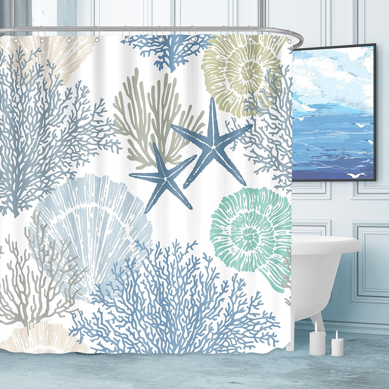 Nautical Beach Themed Shower Curtain - Waterproof & Vibrant 72x72 Blue