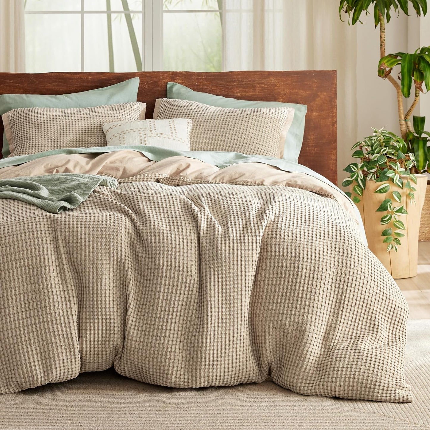 Cooling Waffle Duvet Cover Queen Set for Hot Sleepers - Taupe