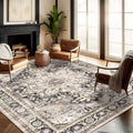 Washable Area Rug 8 ft x 10 ft Black-Purple Khaki Retro Boho - Easy