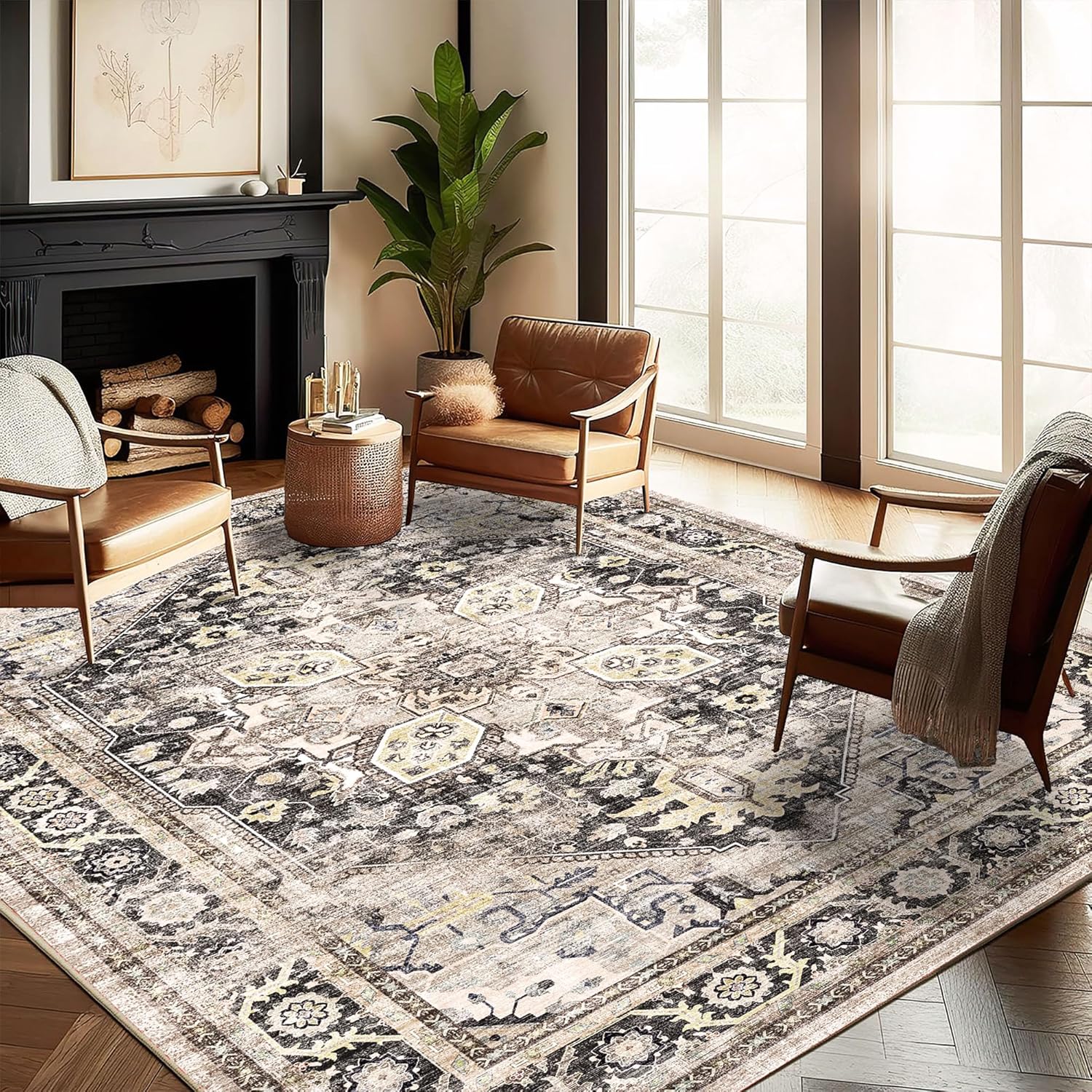 Washable Area Rug 8ftx10ft Black-Purple Khaki Retro Boho Design