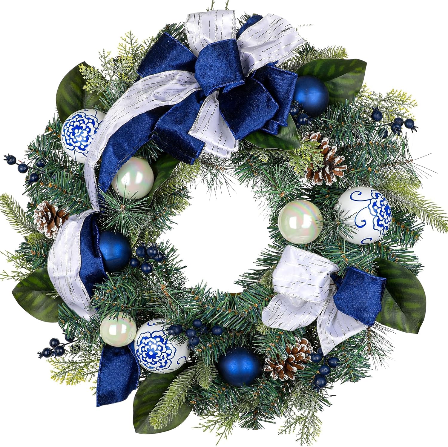 Blue and White Christmas Wreath for Holiday Door Decor