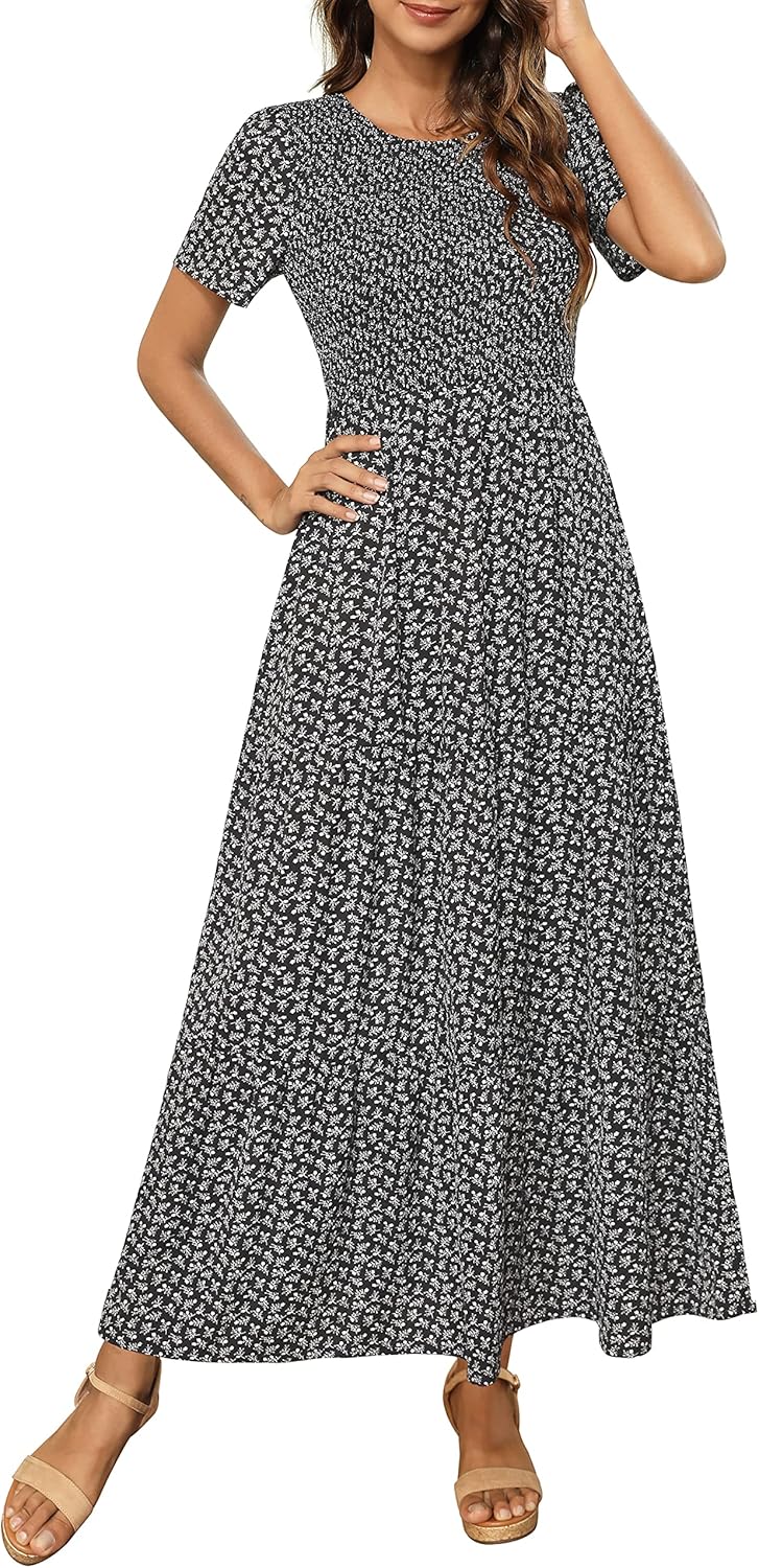 Maggeer Womens Smocked Wedding Guest Maxi Dress for Summer