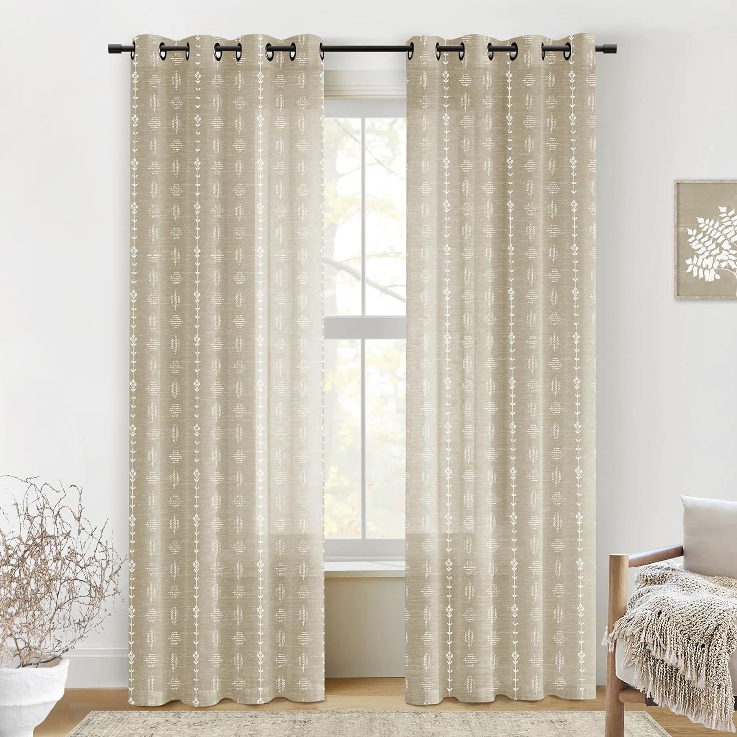 Tan Beige Neutral Curtains for Living Room with Floral Pattern