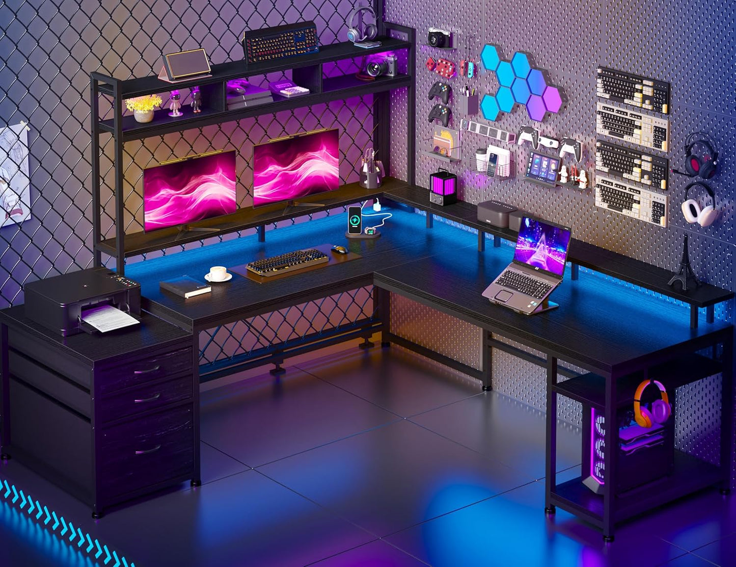 64 L-Shaped Gaming Desk with LED Light & Drawers