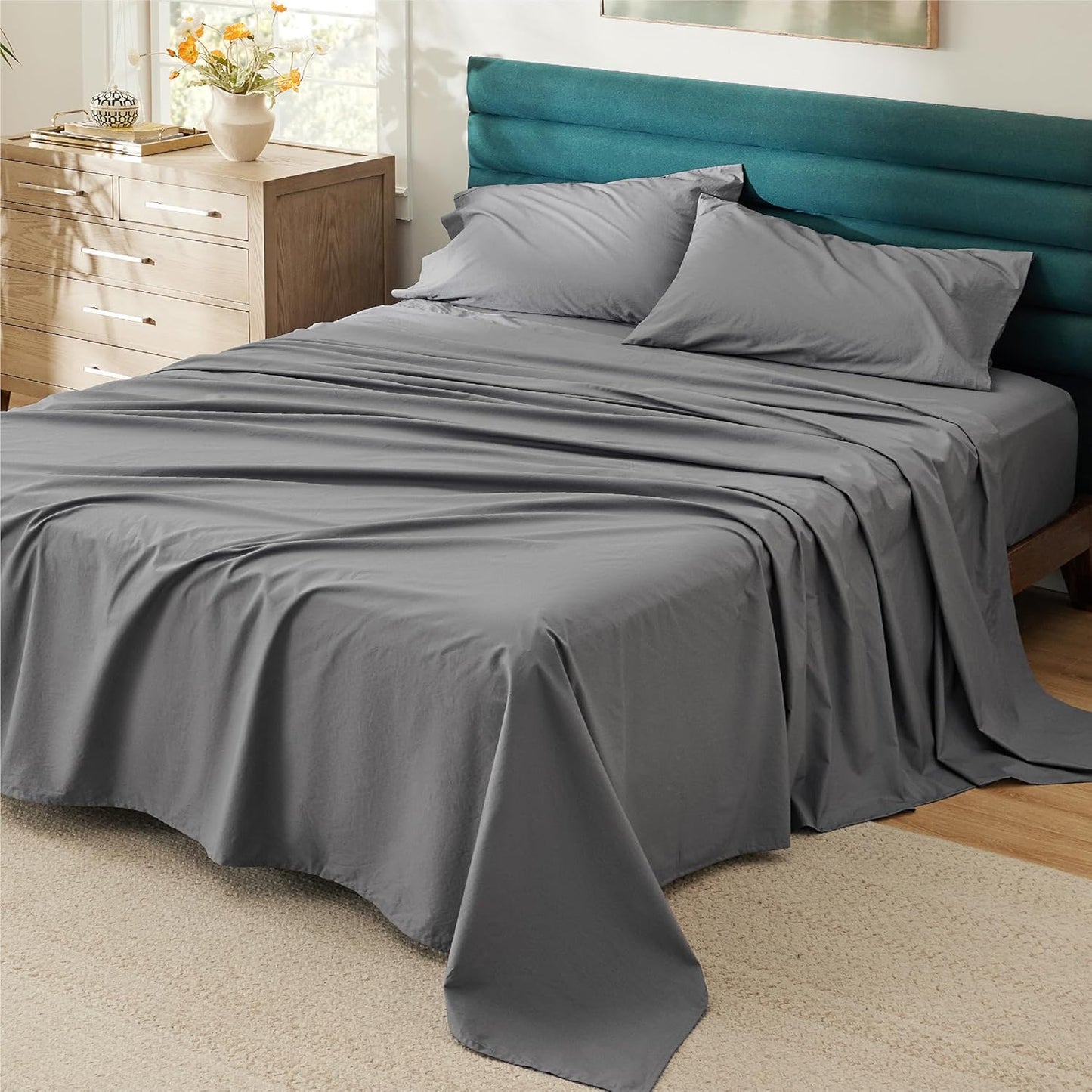 Bedsure 100% Cotton Percale Queen Sheet Set with Deep Pockets