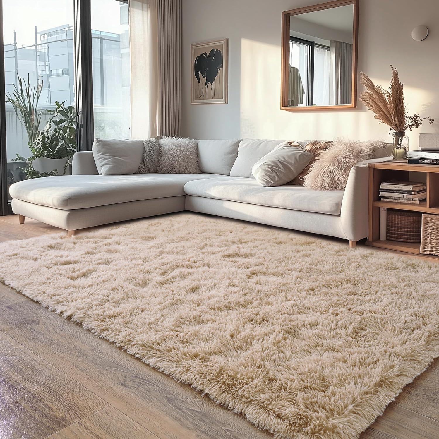 Beige Fluffy Rug for Bedroom 6x9 ft - Ultra Soft & Non Slip