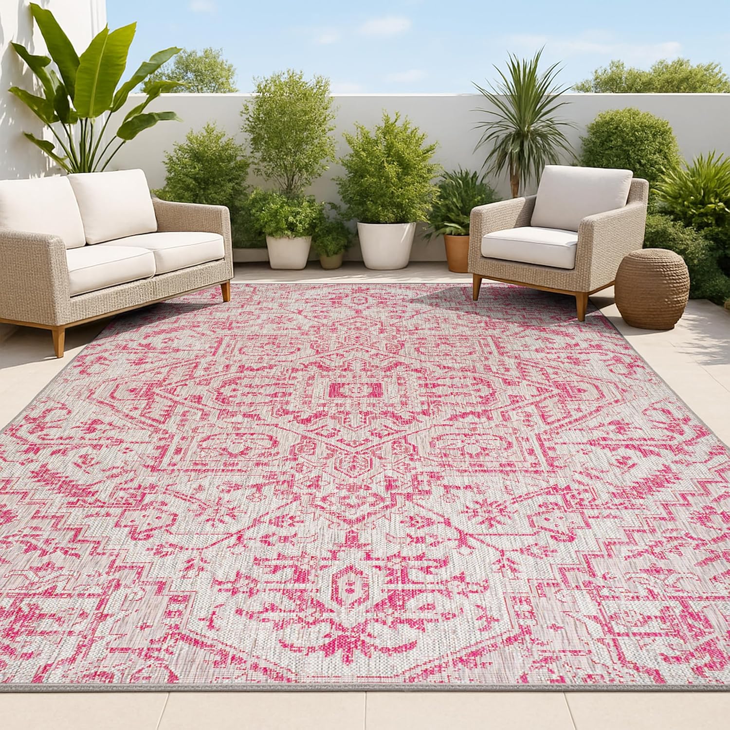 Boho Medallion Indoor Outdoor Area Rug 4X6 Light Gray/Fuchsia