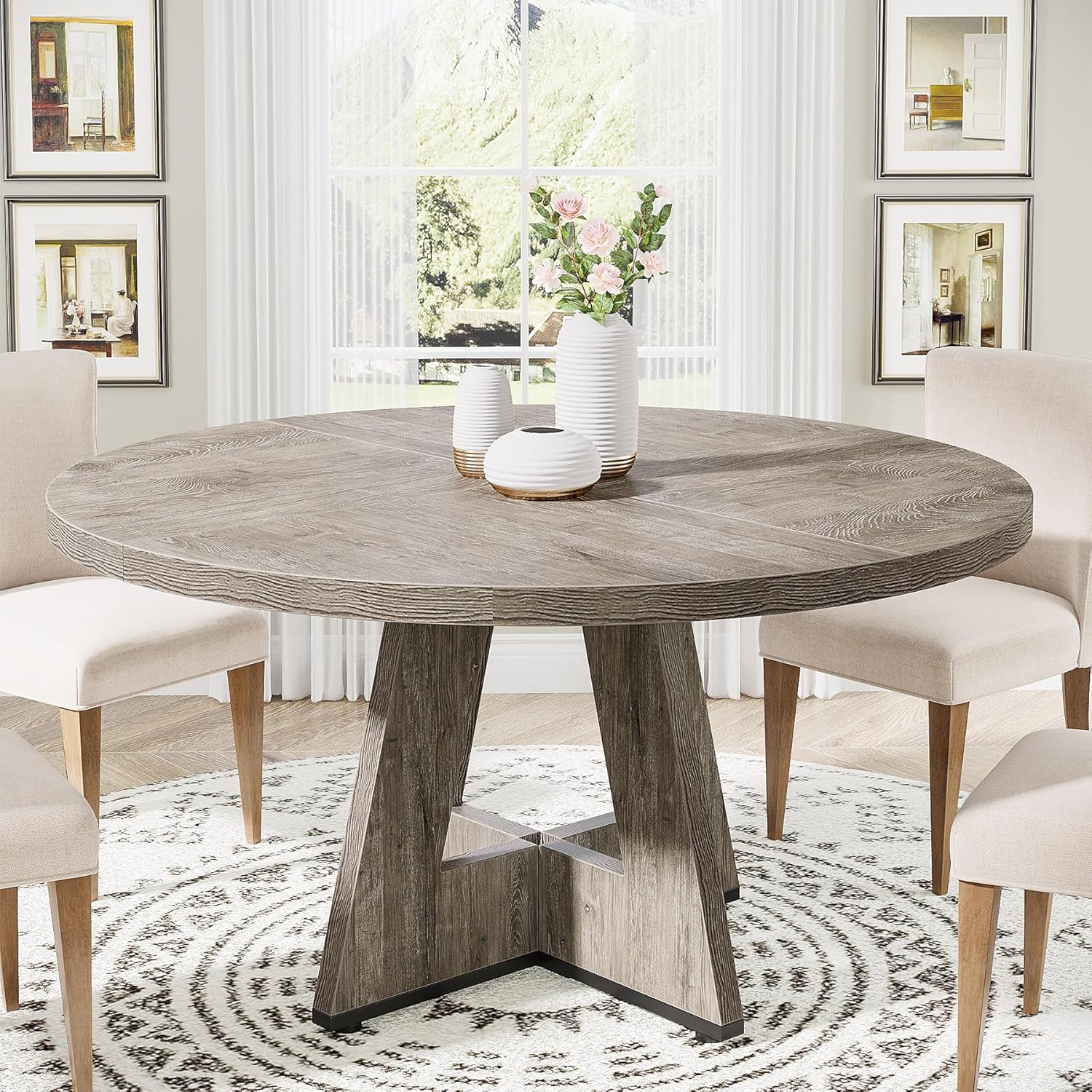 Tribesigns Round Dining Table for 4 with Rustic Grey Finish