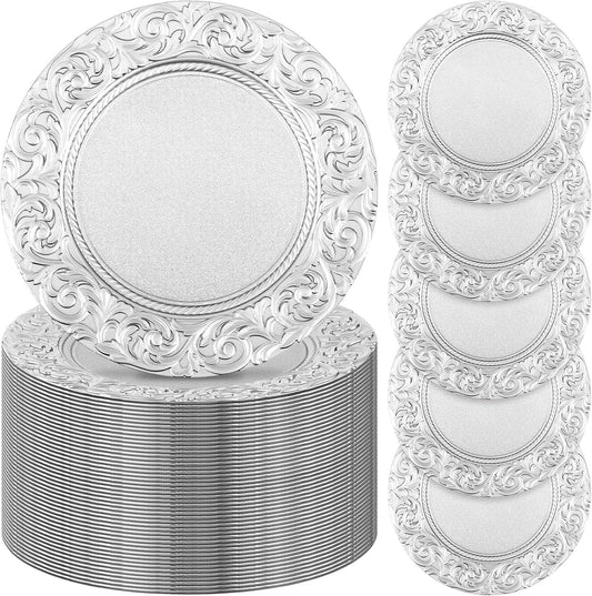 100 Pcs Silver Floral Wedding Charger Plates