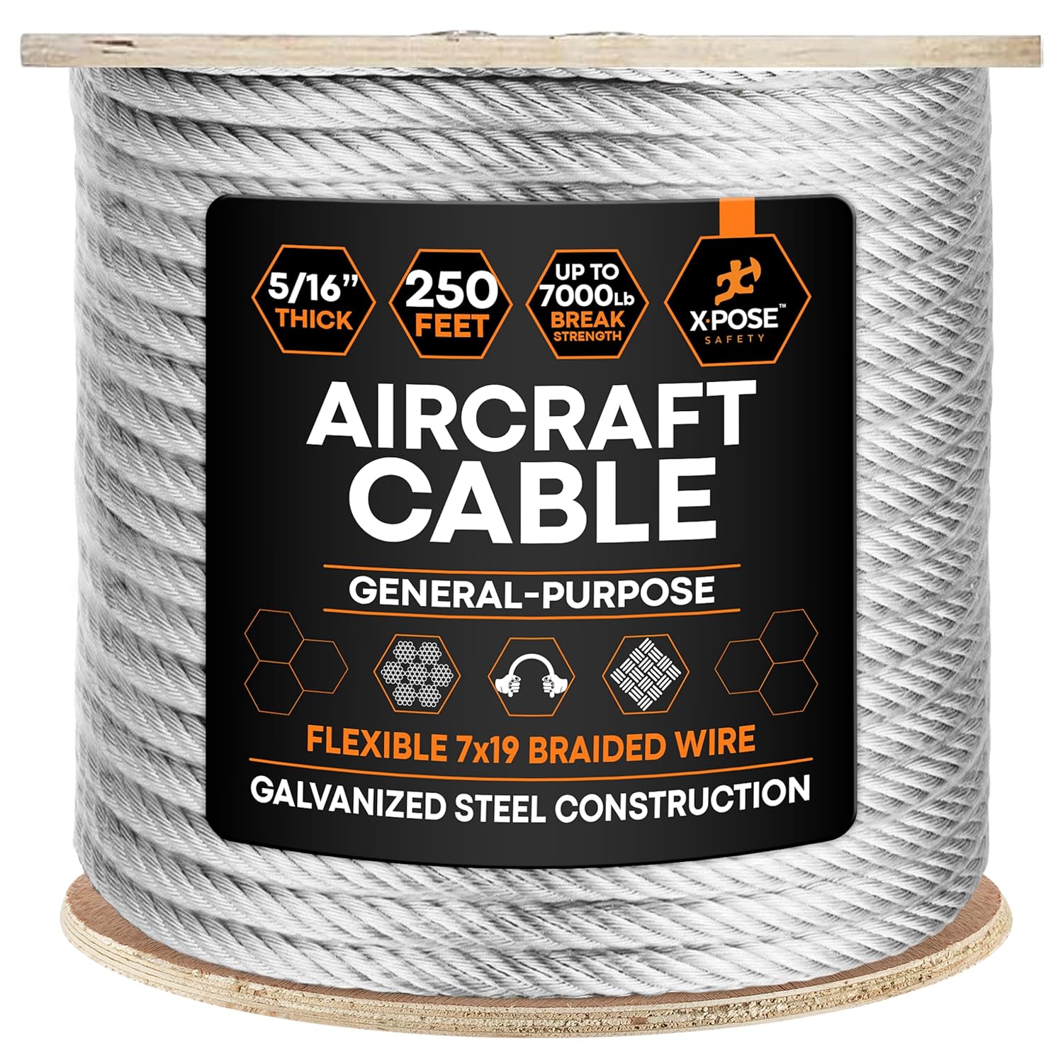 Xpose Safety 5/16in Galvanized Steel Aircraft Cable for Versatile Use