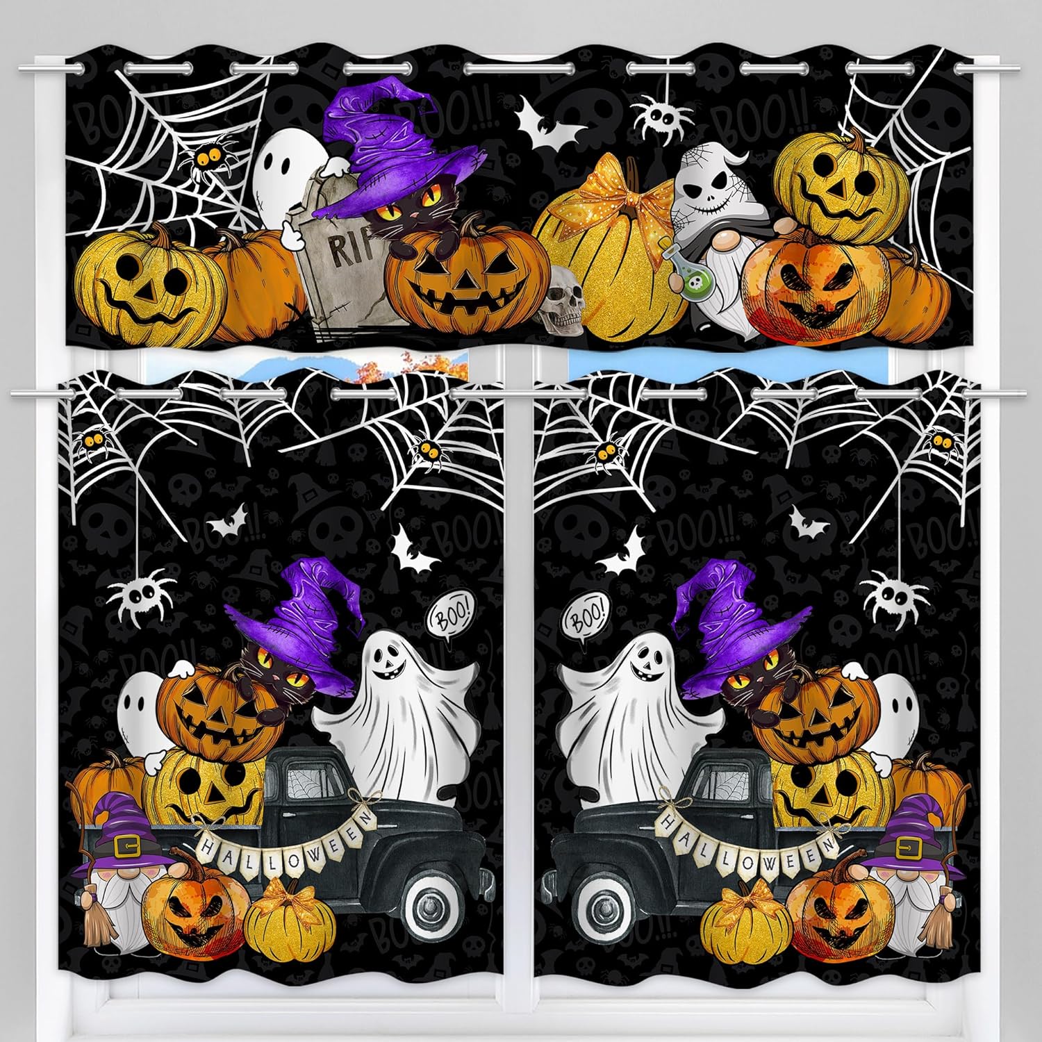 Spooky Halloween Kitchen Curtain Set - Ghost & Pumpkin Gnomes, 3-Piece