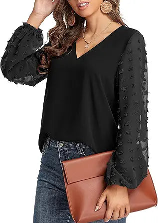 GOORY Swiss Dot Tops for Women with Lantern Sleeve Design