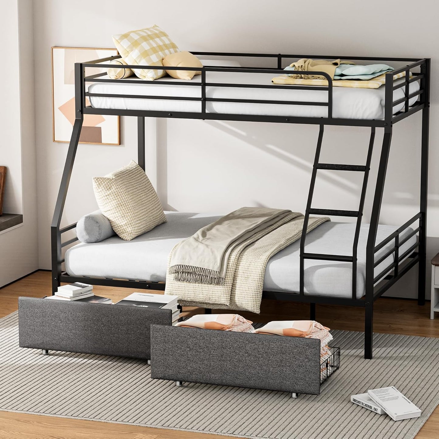Twin Over Full Bunk Bed with Storage Drawers and Safety Features