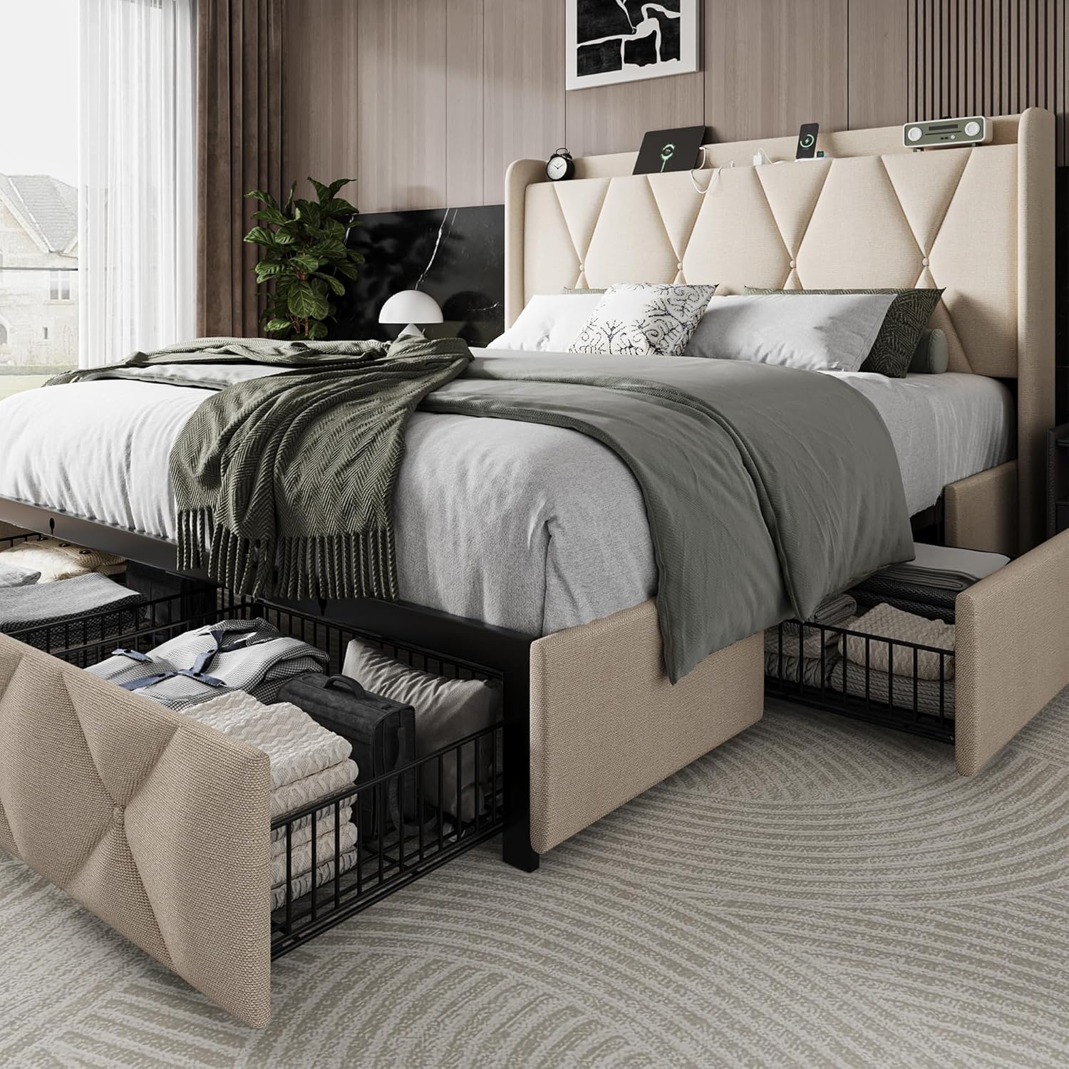 Queen Bed Frame with 4 Storage Drawers and Charging Station