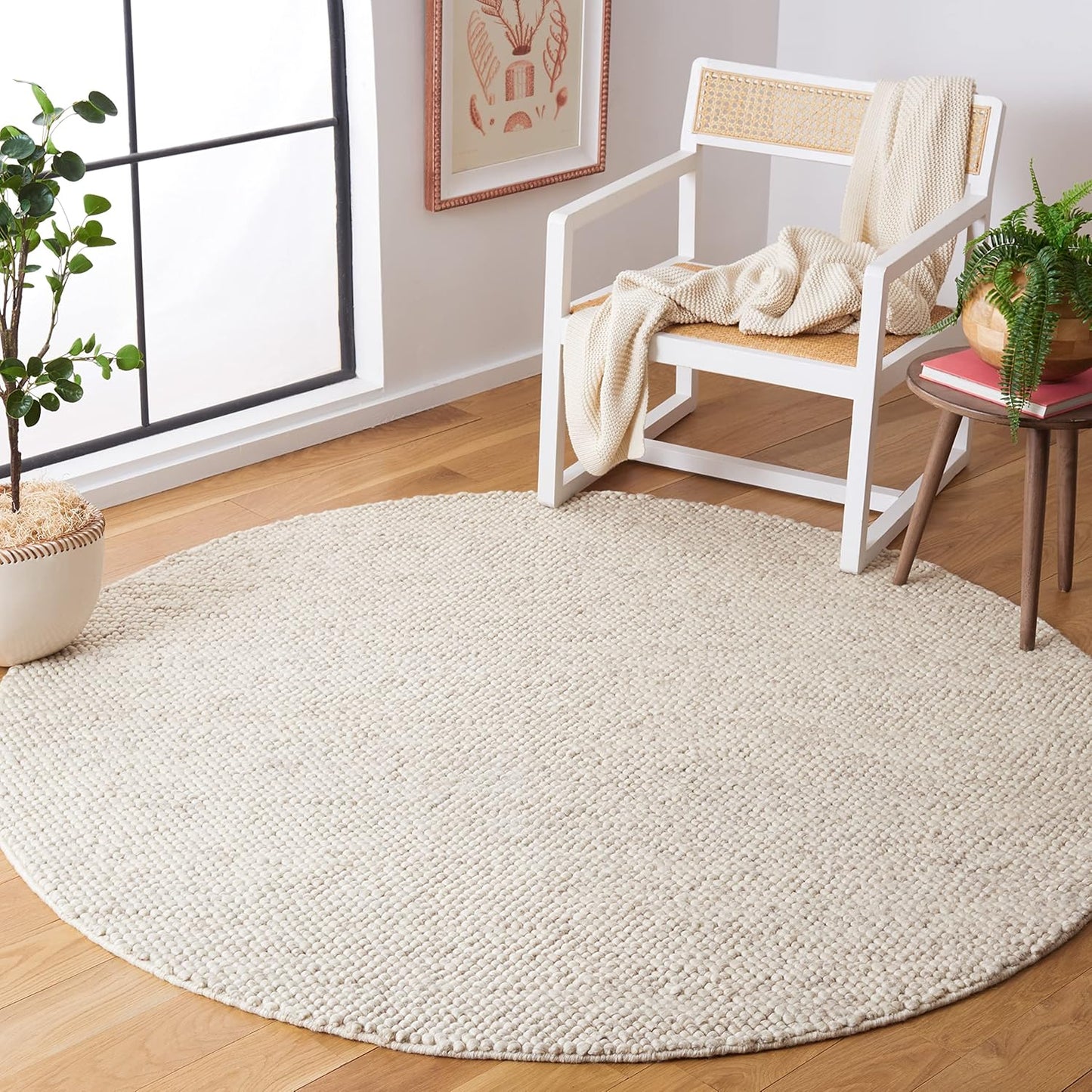 Handmade Wool Blend Area Rug - 6ft Round Beige & Ivory Design