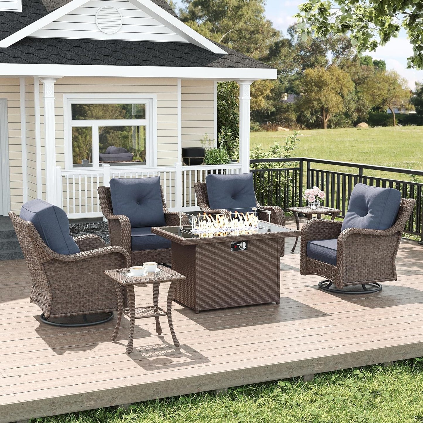LayinSun 7 Piece Wicker Outdoor Furniture Set with Fire Pit