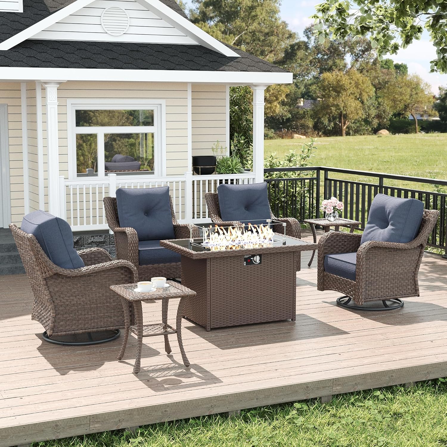 LayinSun 7 Piece Wicker Outdoor Furniture Set with Fire Pit