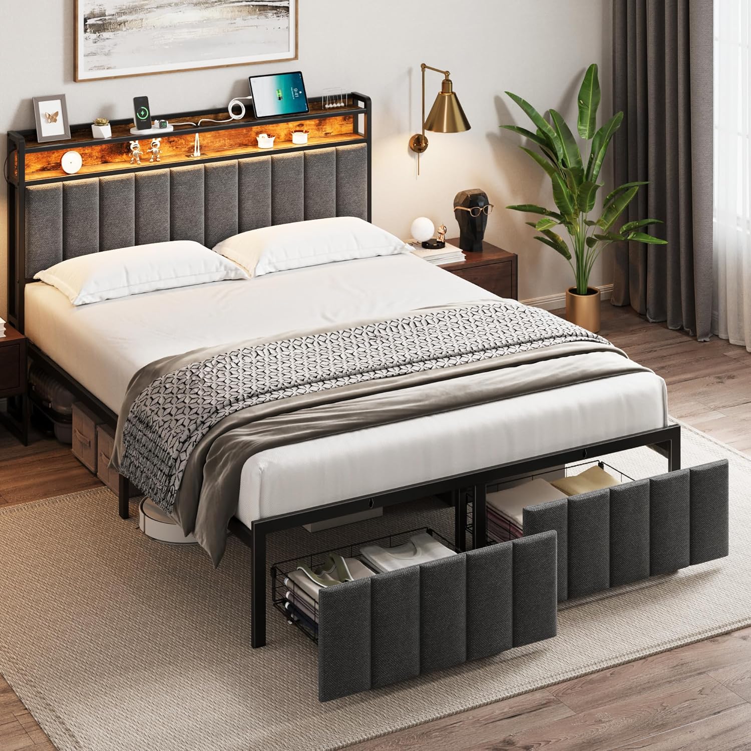 Queen Bed Frame with Storage and LED Lights for Modern Bedrooms