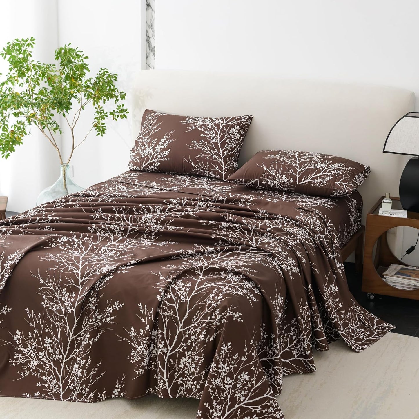 Soft Microfiber Twin Sheet Set - All Seasons - Foliage Chocolate/White