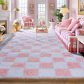 KICMOR 5x8 Light Pink and White Fluffy Shag Area Rug - Cozy Checkered