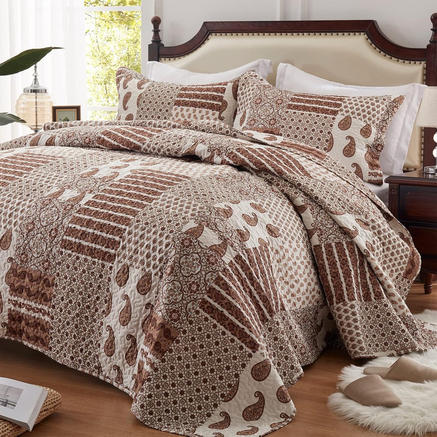 LEAONME Quilt Set Full/Queen Brown Paisley Patchwork Bedding