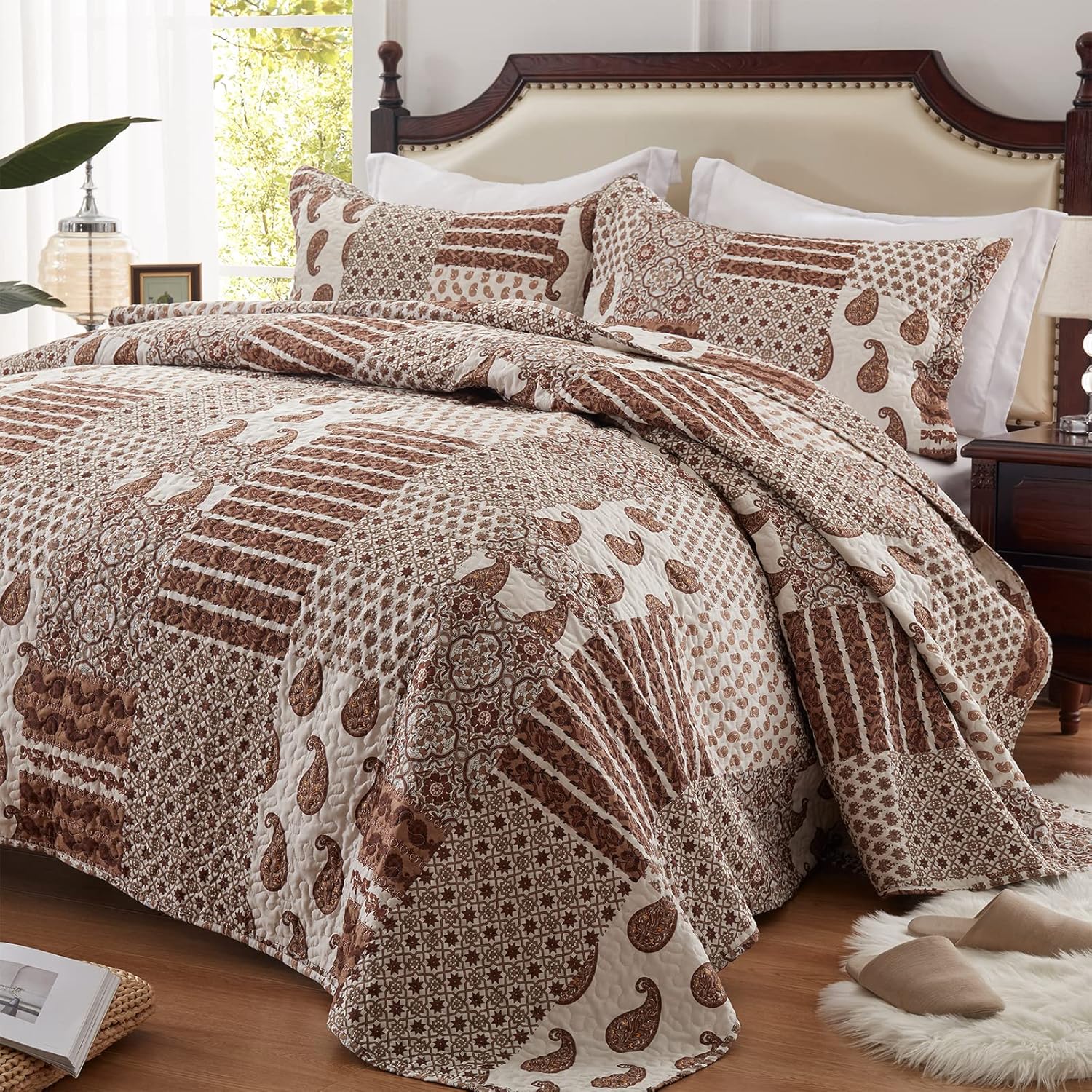 LEAONME Quilt Set Full/Queen Brown Paisley Patchwork Bedding