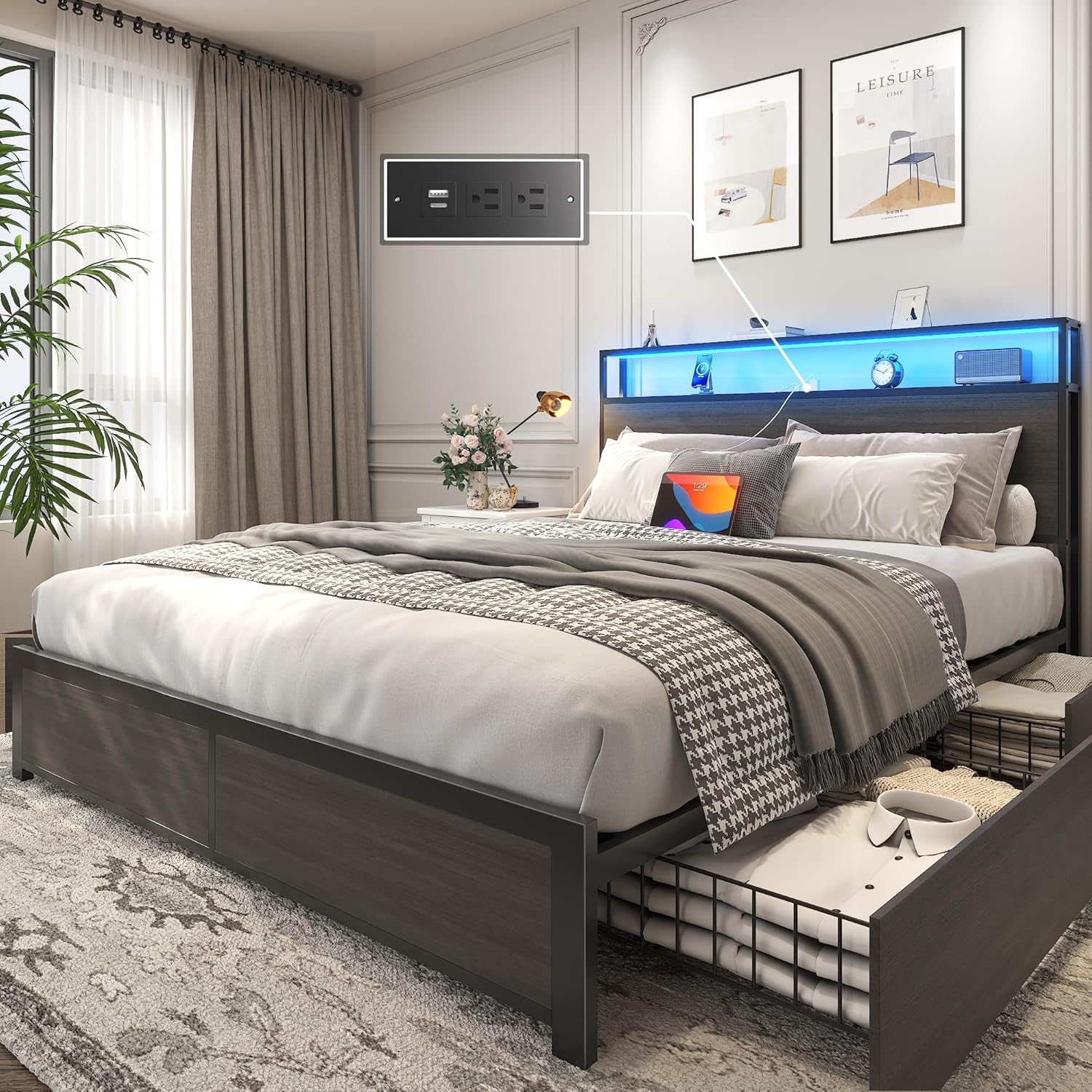 Lifezone Queen Bed Frame with Storage Headboard and LED Lights