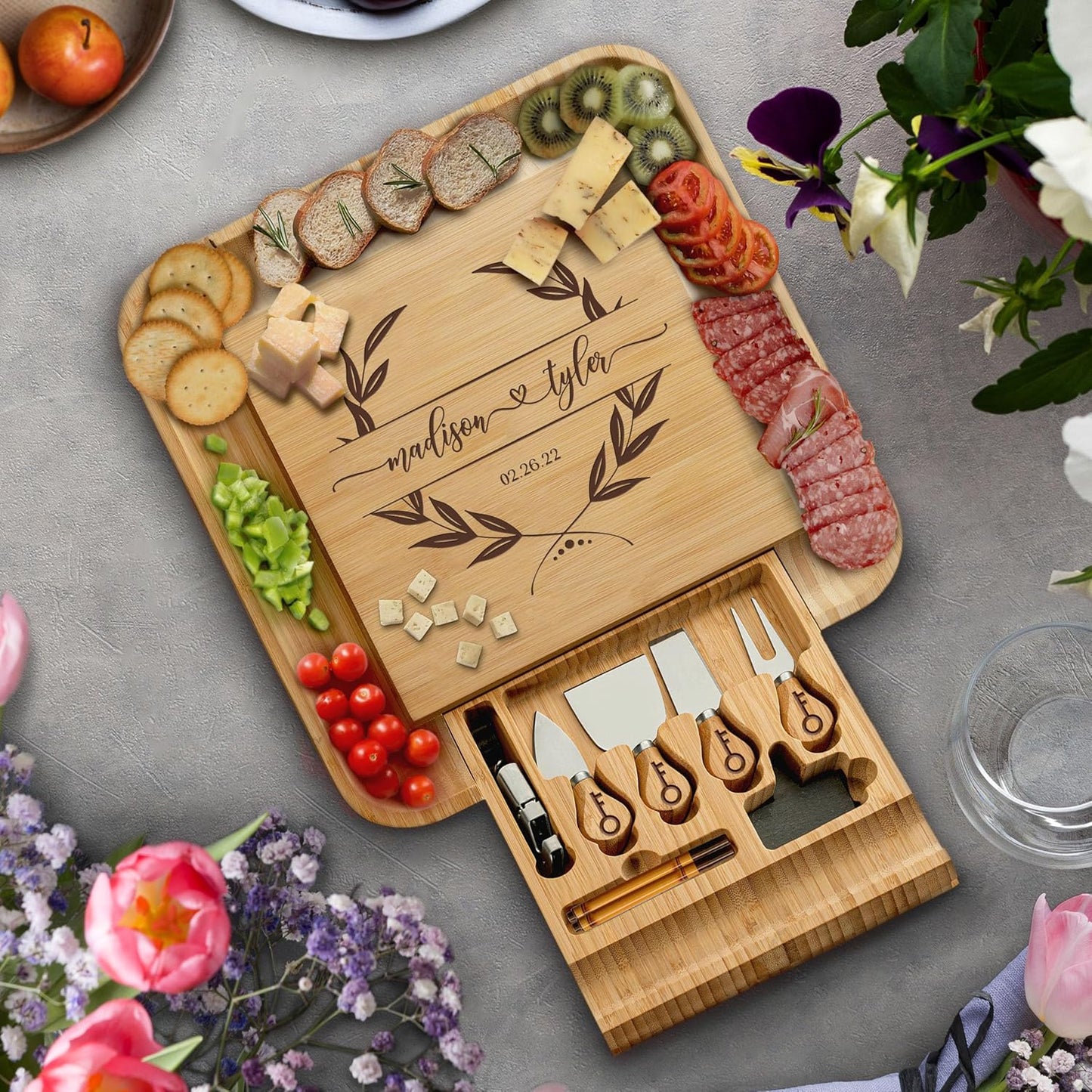 Personalized Charcuterie Board Gift Set - Custom Engraved Bamboo