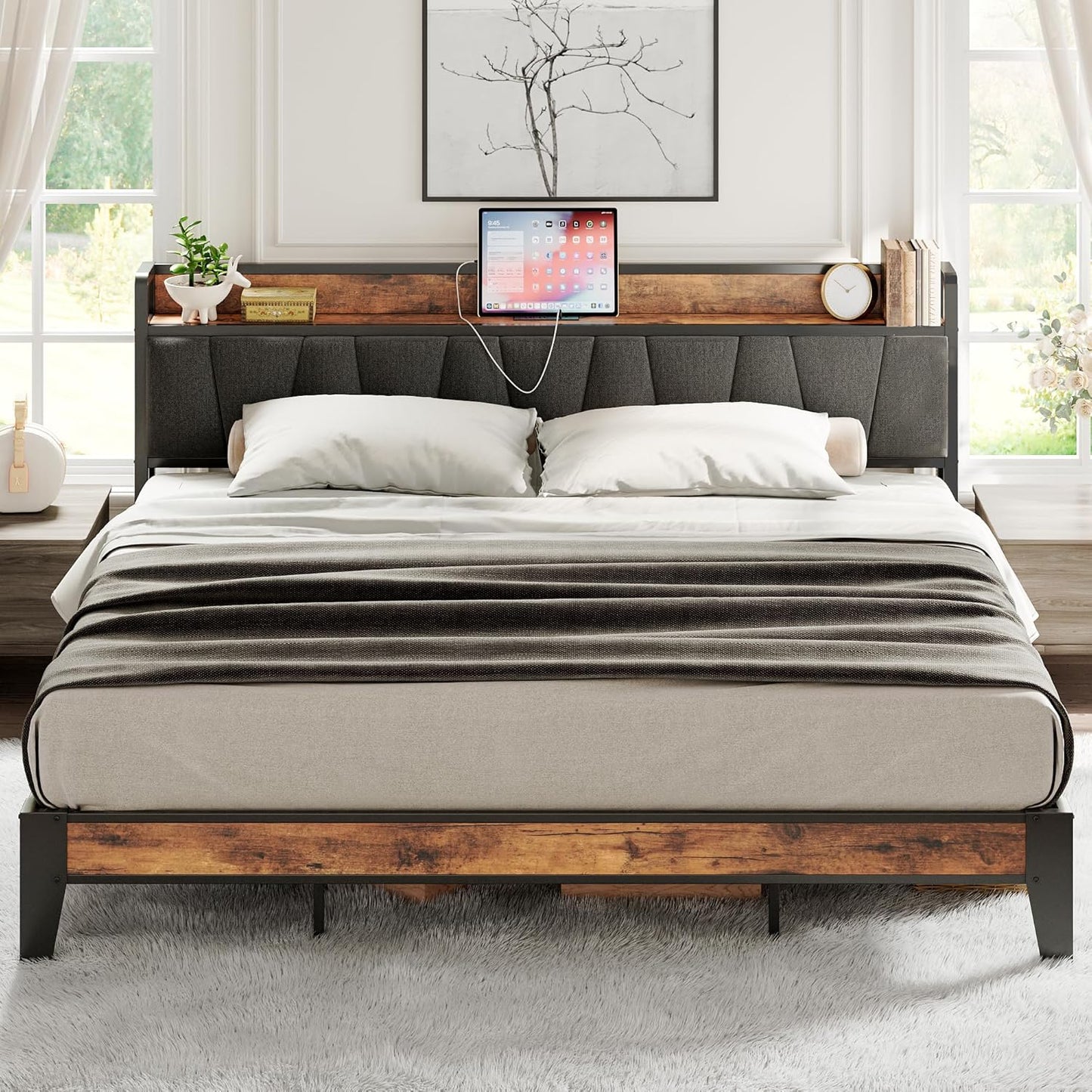 LIKIMIO King Size Bed Frame with Storage and Charging Station