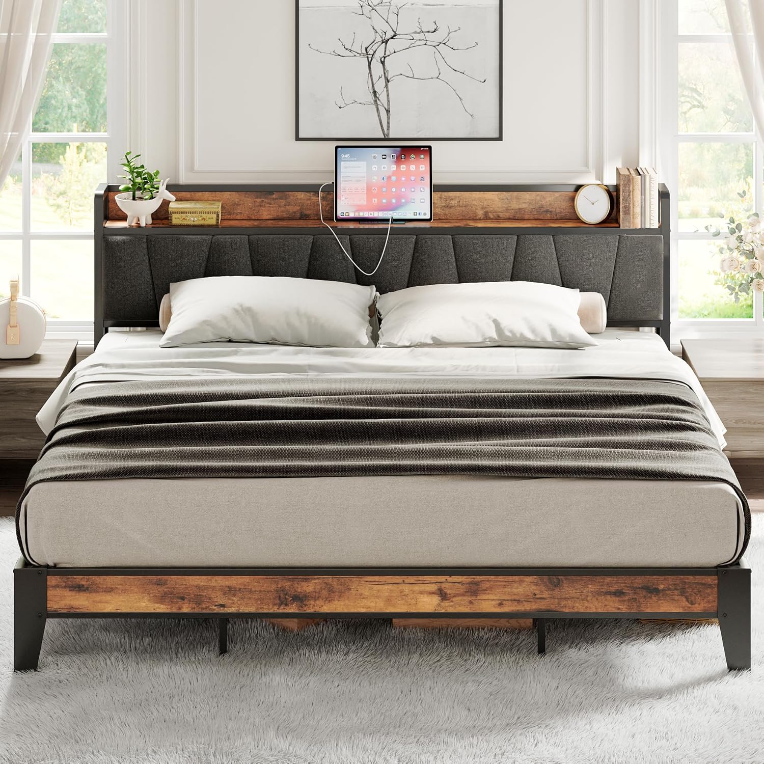 LIKIMIO King Size Bed Frame with Storage and Charging Station