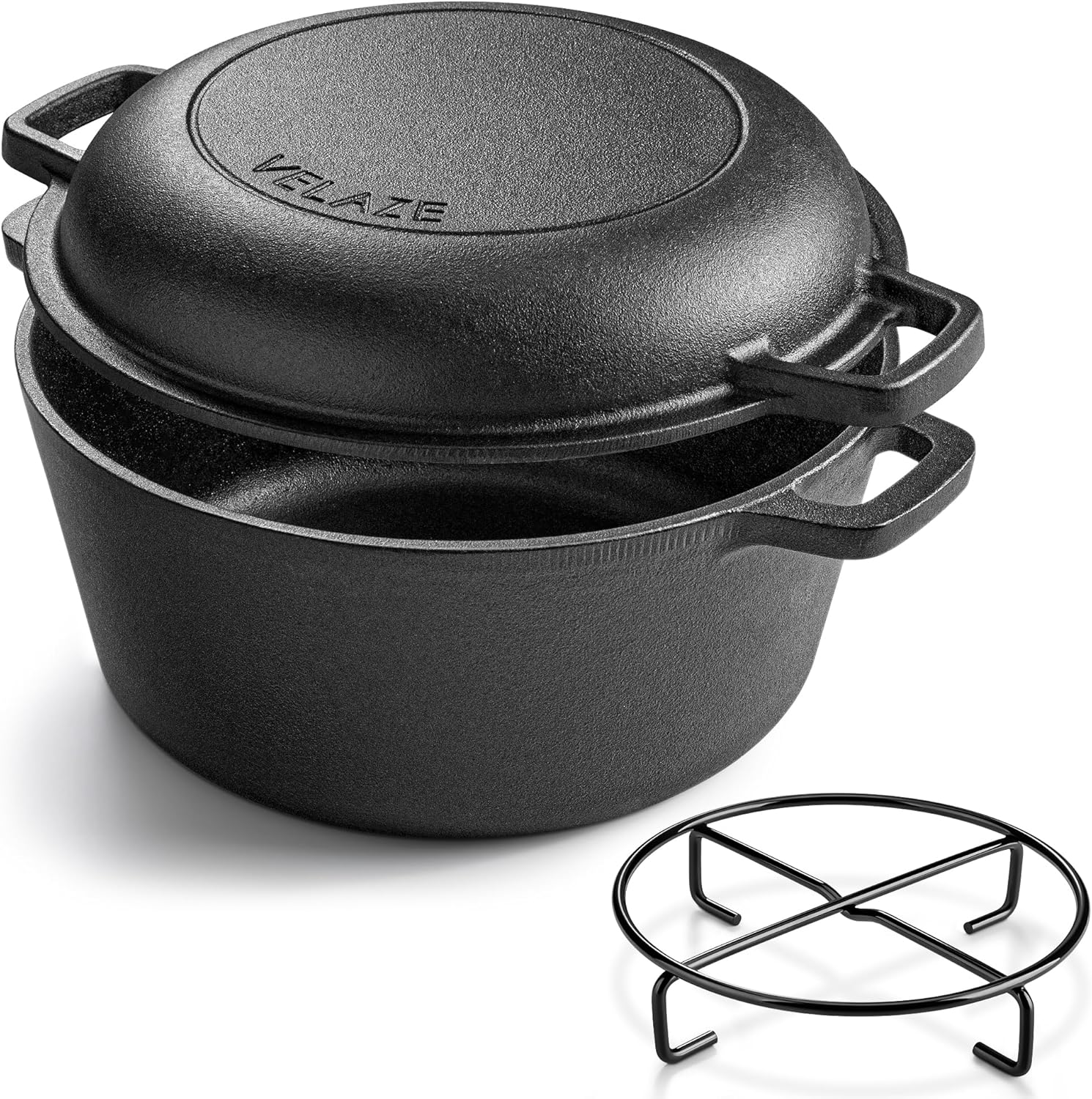 Velaze 5QT Cast Iron Dutch Oven with Skillet Lid for Cooking