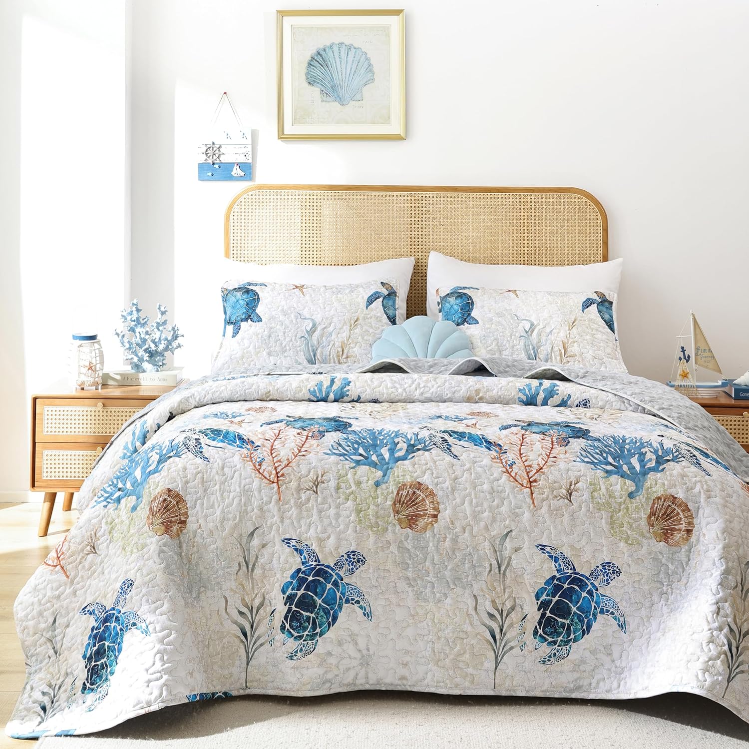 Coastal Quilt Set Queen Size with Sea Turtle Ocean Print