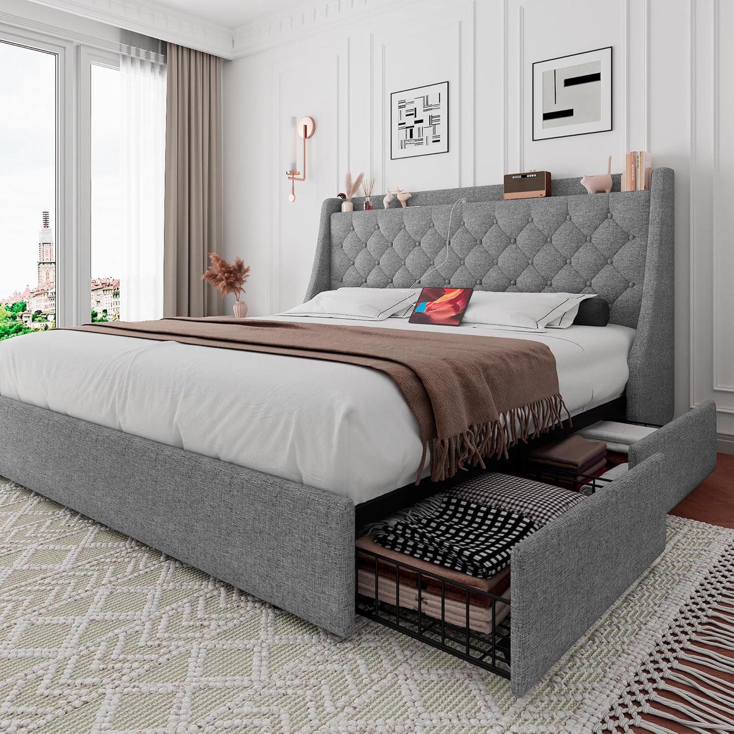 iPormis King Size Bed Frame with Storage Drawers and USB Ports