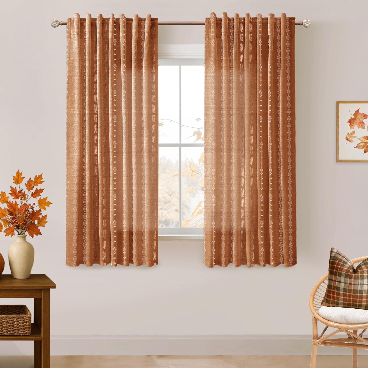 63 Inch Length Burnt Orange Boho Curtains for Living Room Decor