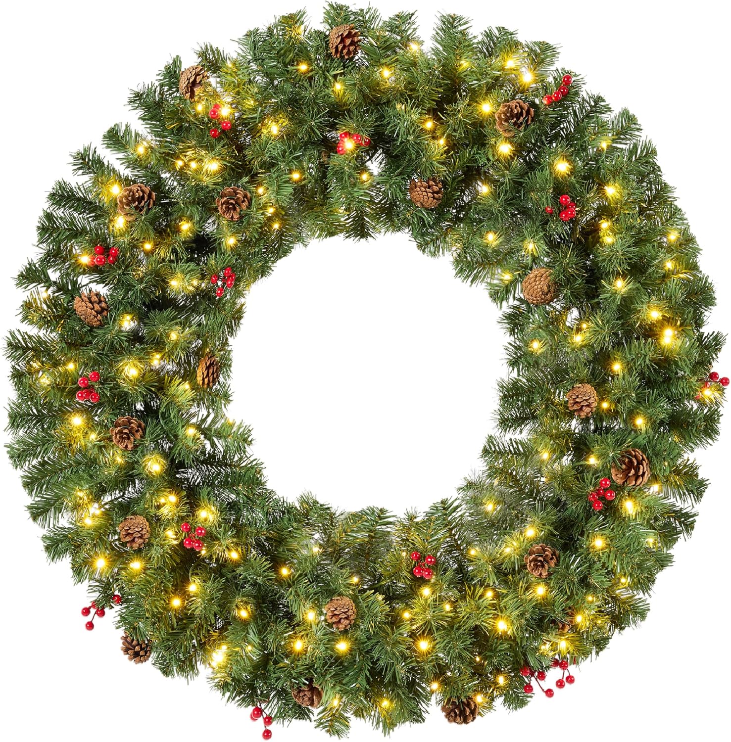 36in Pre-Lit Christmas Wreath with Berries & Pinecones Decor