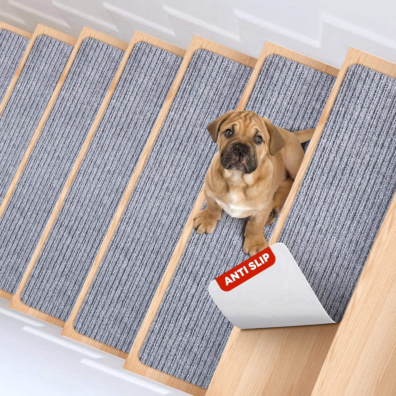 Non-Slip Carpet Stair Treads for Safety - 15 Pack Light Gray
