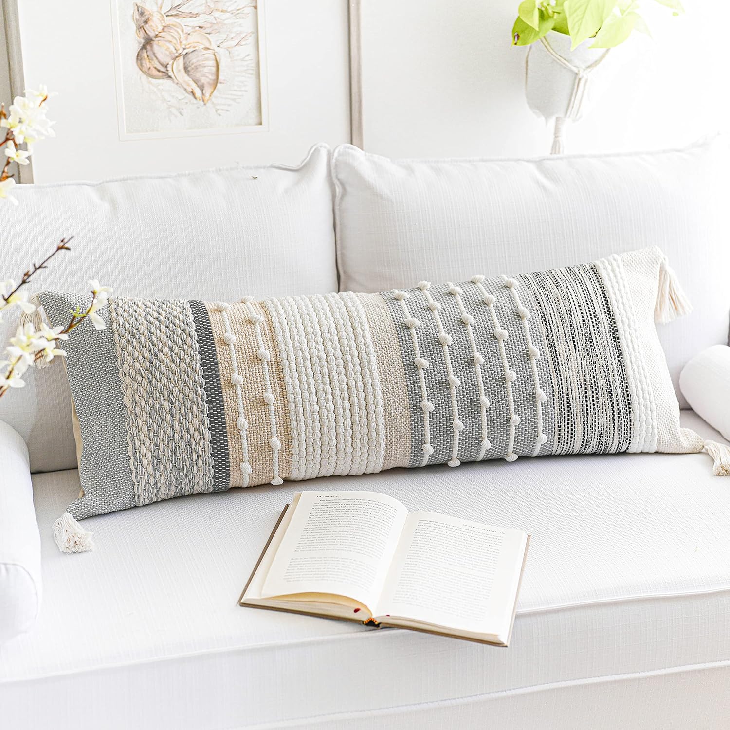 Gray Boho Lumbar Throw Pillow Cover for Modern Decor