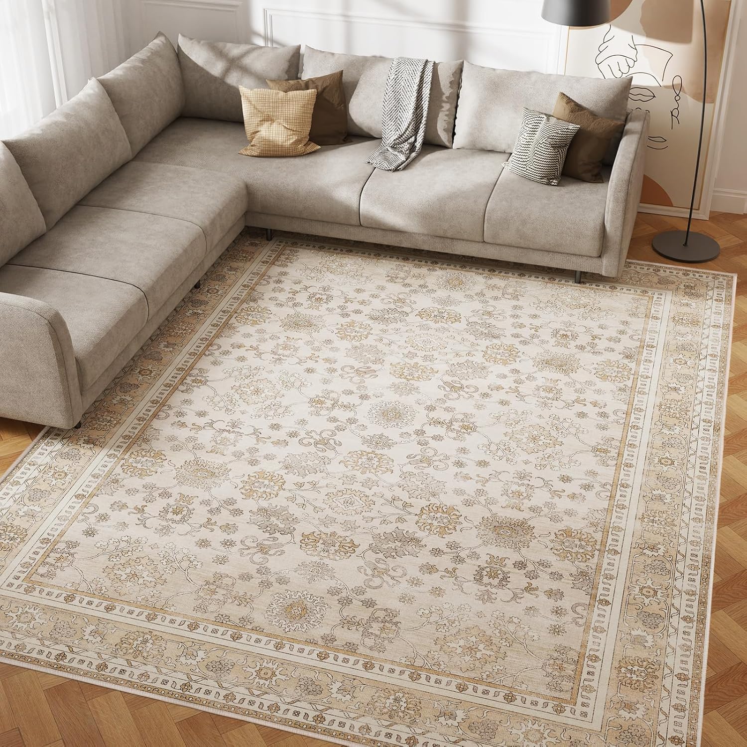 8x10 Washable Area Rug with Vintage Flower Design for Comfort