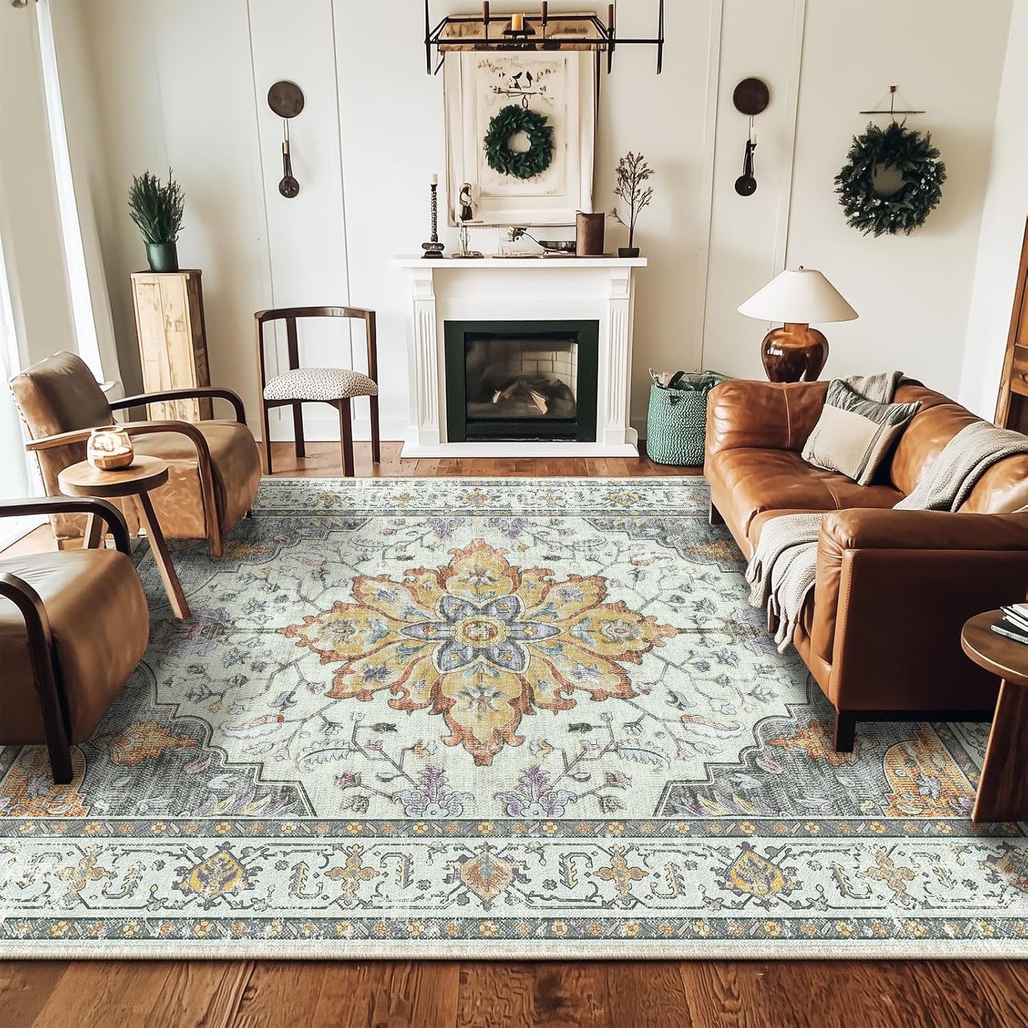 Area Rugs 5ftx7ft Washable Non-Slip Floral Vintage Distress Print